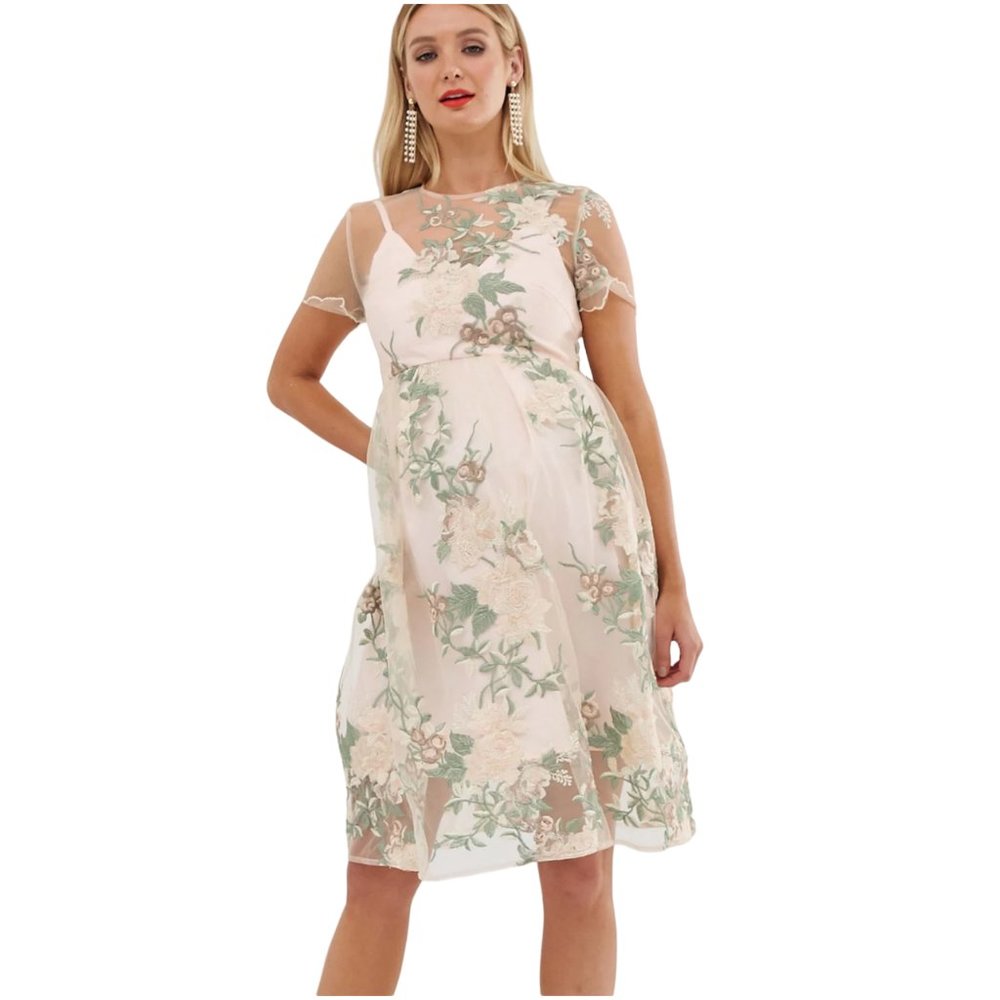 NWT Chi Chi London Maternity embroidered floral Bryanna dress pink xs US 4 UK 8